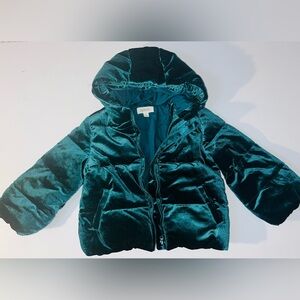 NWOT Gymboree 3T Girls Green Velvet  Puffer Zip Jacket Hooded  Winter New No Tag